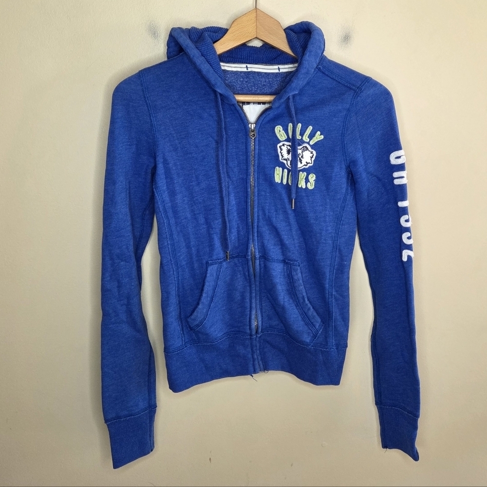 Gilly Hicks Blue Graphic Zip Front Hooded Sweatshirt Jacket Size XS